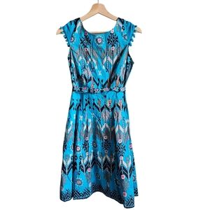 Ritu Kumar Blue Patterned Boho 100% Cotton Tie Waist Dress Size Small